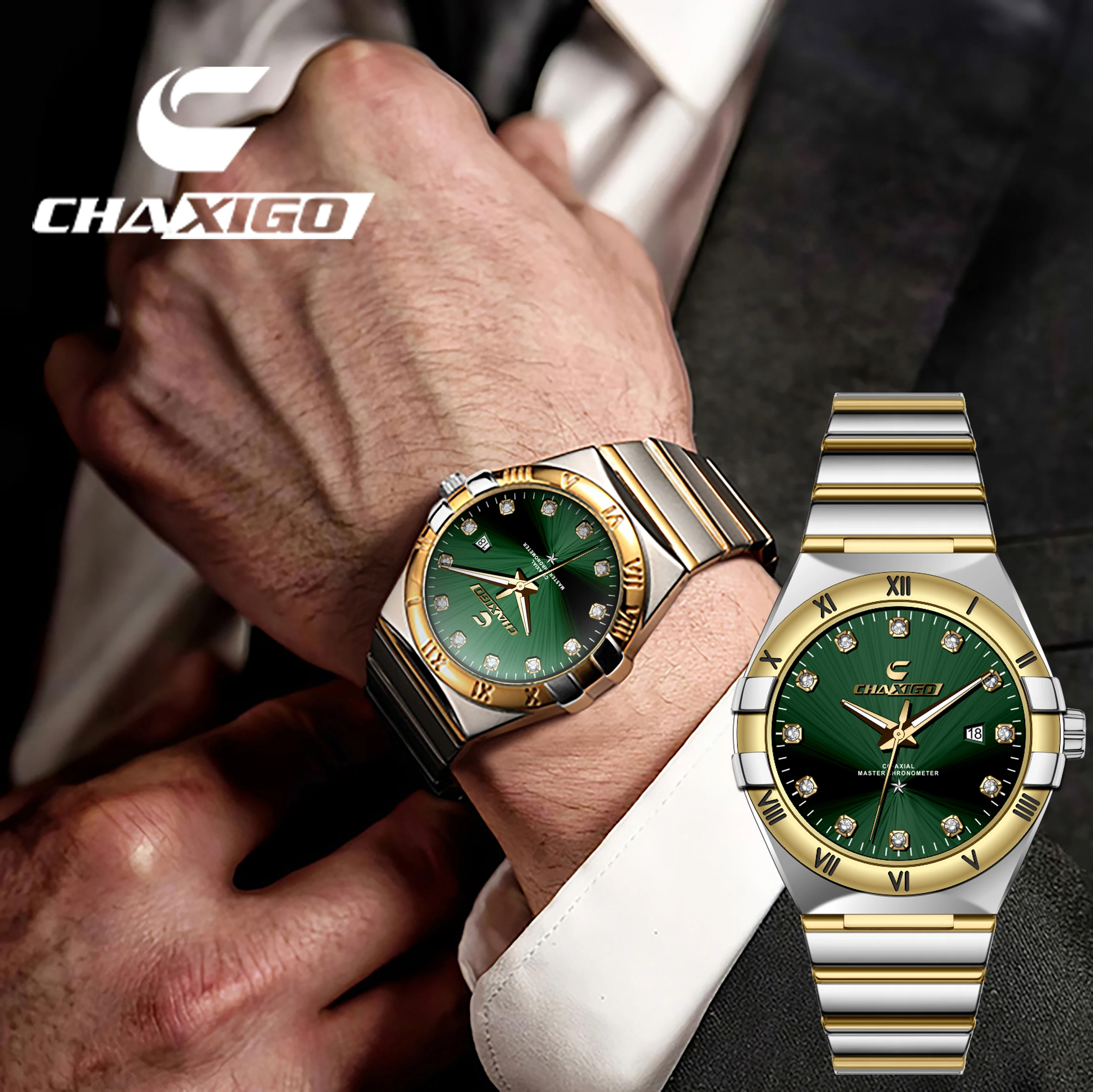 

CHAXIGO Men's Business Stainless Steel Watch with Mineral Crystal Crystal, Luminous Hands, Water Resistance, Date