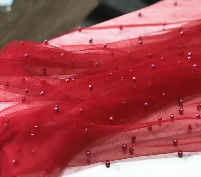 Red Blue Pearl Mesh Transparent Beaded Yarn Background Scene Layout Draping Fabric for Wedding Dress Designer Fabric
