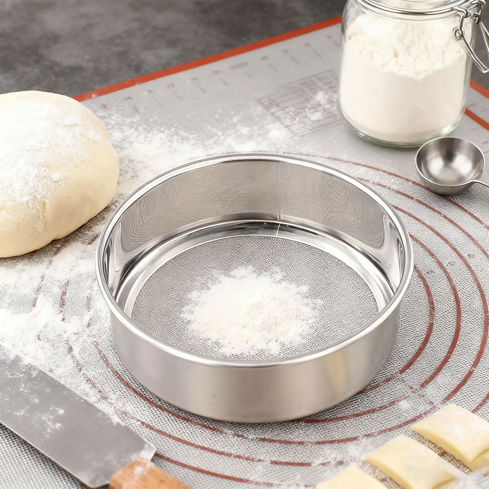 Flour Sieve Flour Sifter Round Dining Kitchen Mesh Silver Stainless Steel Strainers Baking Tools Bar Cleaning Colanders