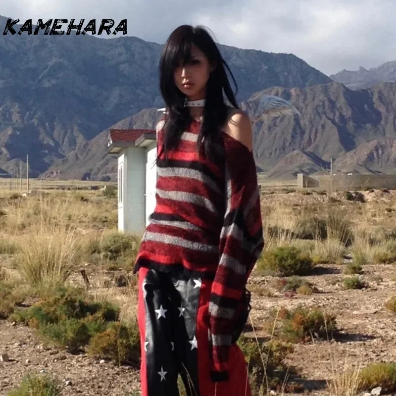 

KAMEHARA Y2k Aesthetics Off Shoulder Pullover Grunge Gothic Red Striped Sweater Japanese Harajuku Loose Knit Tops American Retro