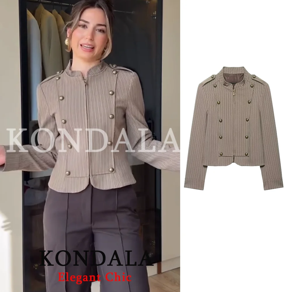 

KONDALA Trendy Women Blazer Striped Double Breasted Slim Blazer Fashion 2026 Spring Fall Office Holiday High Street Chic Blazer