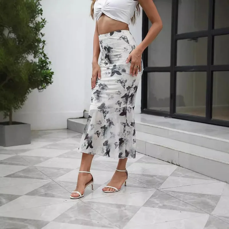 Women White Butterfly Floral Pink Print Skirts Elegant High Waist Straight Slim Hip Long Skirts Fairy Spliced Holiday Chic Dress