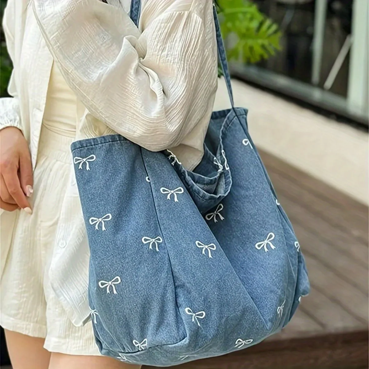 Bolsa de lona jeans de alta qualidade, arco feminino, sacola doce e versátil, bolsa casual de ombro único de grande capacidade