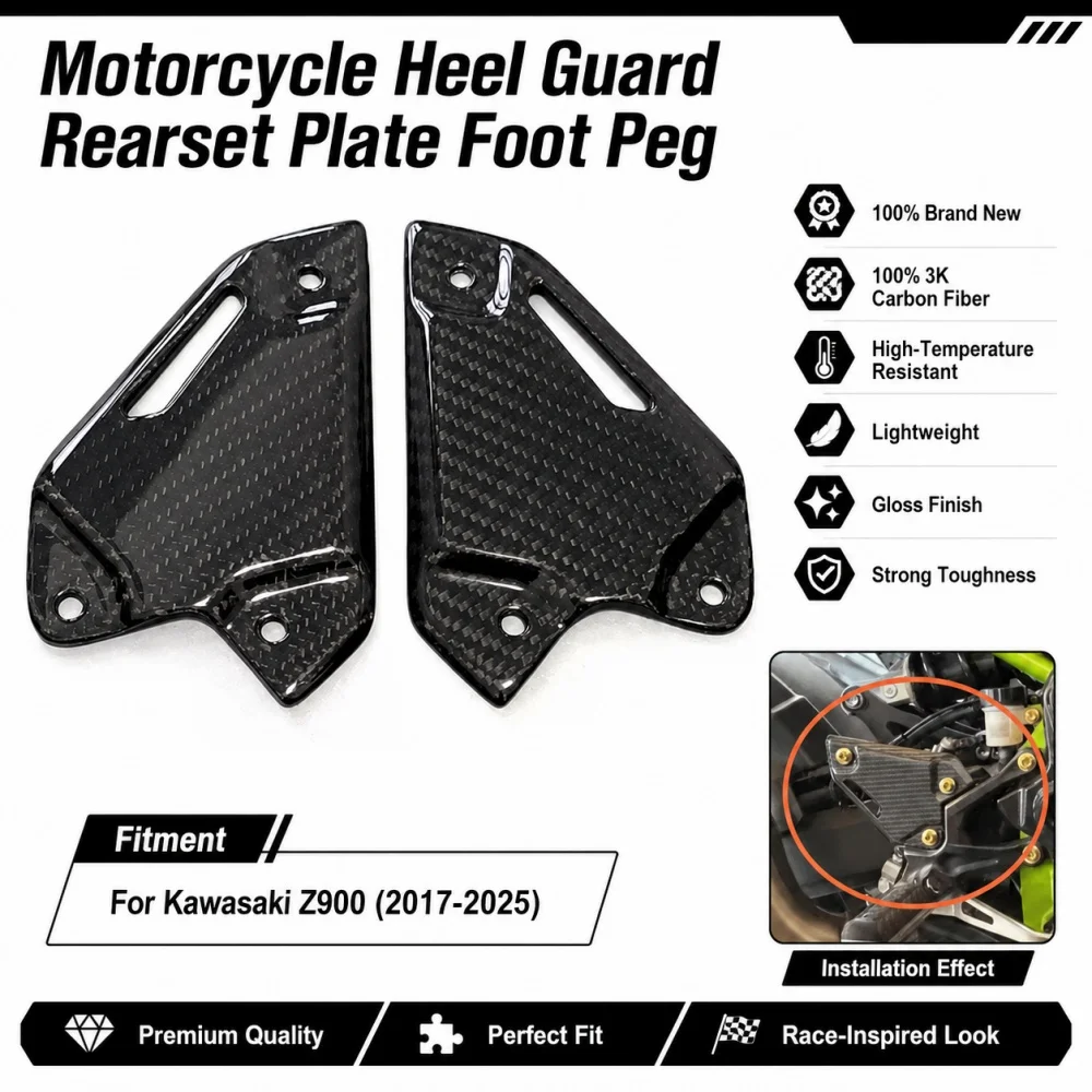 

For Kawasaki Z900 Z900SE 2017-2021 2022 2023 2024 2025 100％3K Carbon Fiber Motorcycle Accessories Heel Plates Guards Footrests
