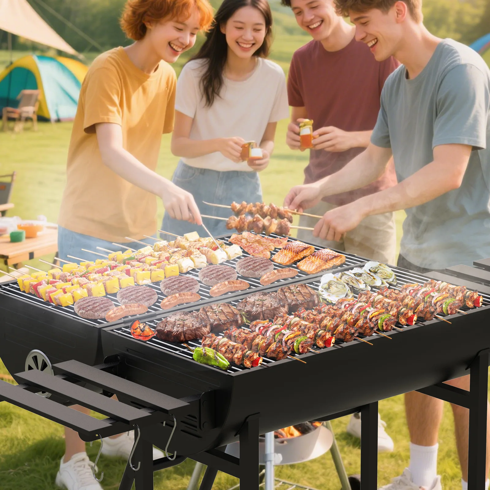 Large Double-Sided BBQ Grill for Multi-Person Gatherings, Courtyard Grill, Camping BBQ Rack