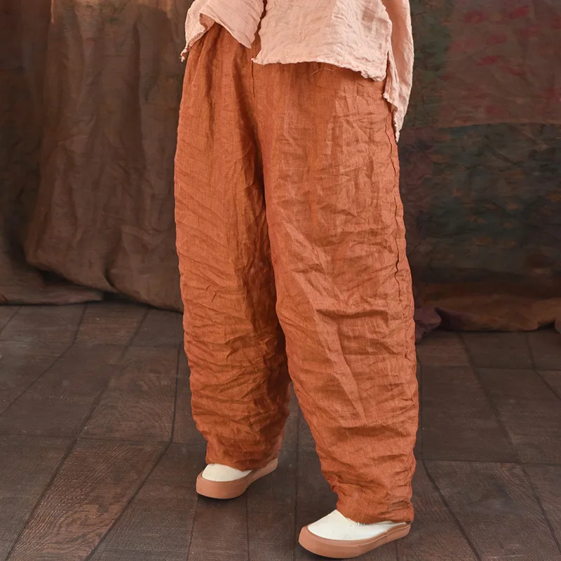 Women Spring Summer Ramie Wide Leg Pants Elastic Waist Solid Color High Quality Trouser 2024 New String Women Long Harem Pants