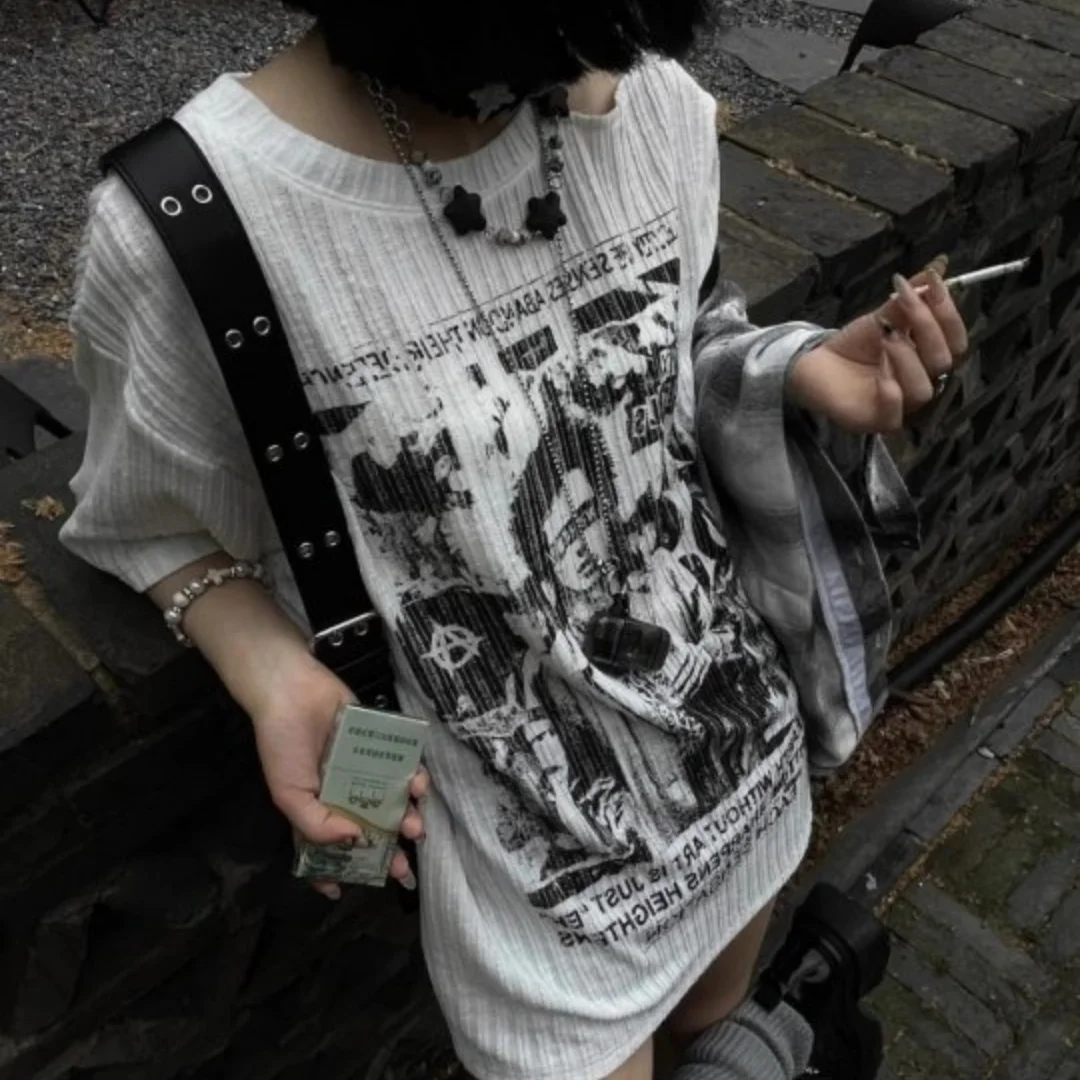 

Y2K Harajuku Gothic Street Punk Printed Short Sleeve T-shirt Retro Off Shoulder Knitted Women's Casual Fashion Top