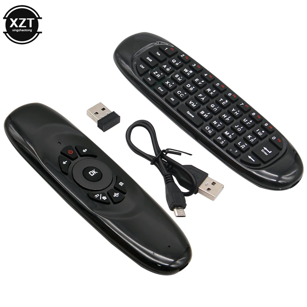 Nowy 2.4G RF pilot zdalnego sterowania C120 Air Mouse angielski rosyjski hiszpański bezprzewodowy podświetlenie klawiatury dla Android Smart TV