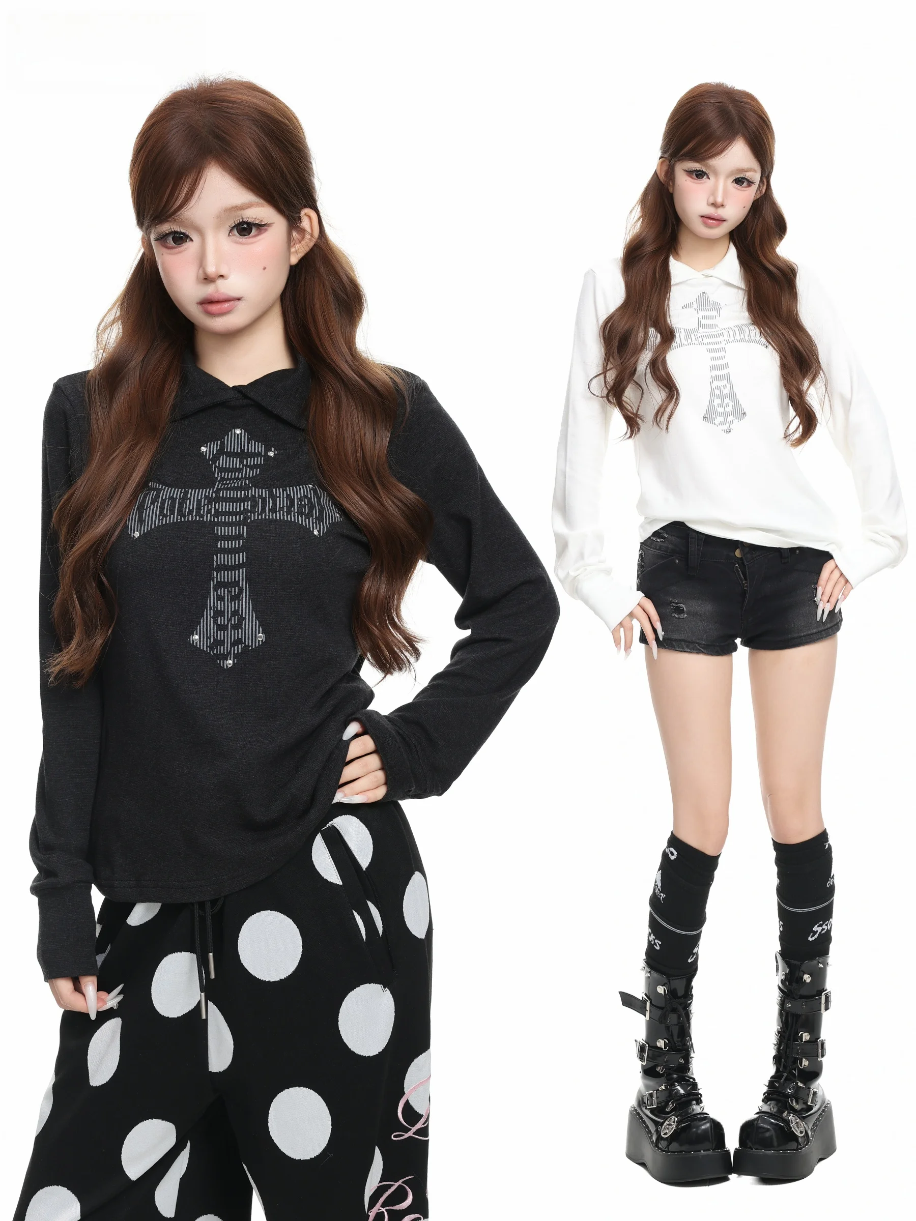 BASTERDS American Style Long Sleeve T-Shirt Women's Cross Print Turn Collar Slim Fit Autumn Waist Shaping Top Cotton Blend