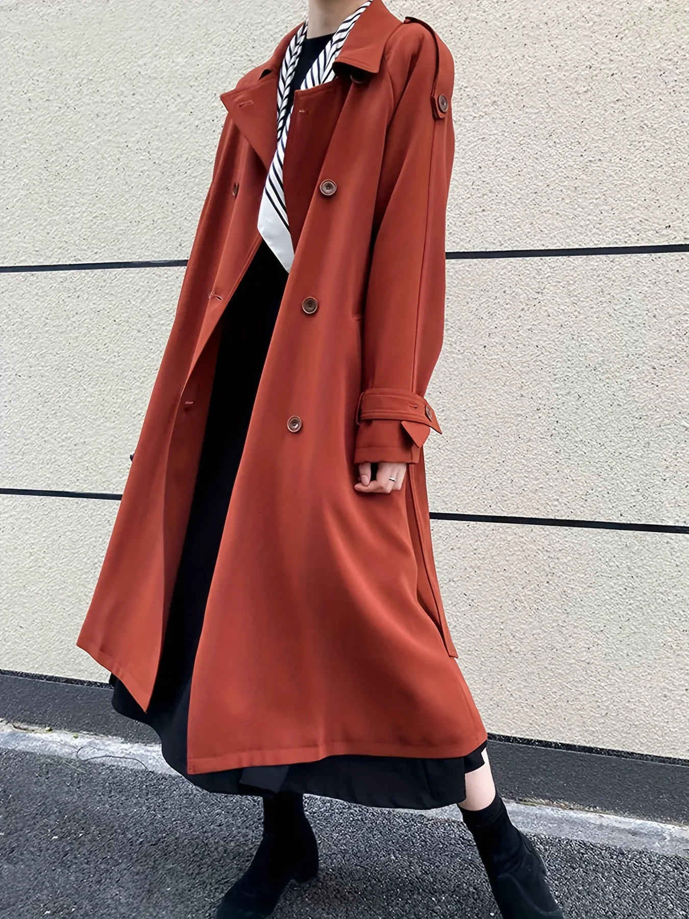 

Women's Terracotta Trench Coat - Double Breasted Long Sleeve Belted Cuff Oversized Long Jacket, Versatile Fall Outerwear