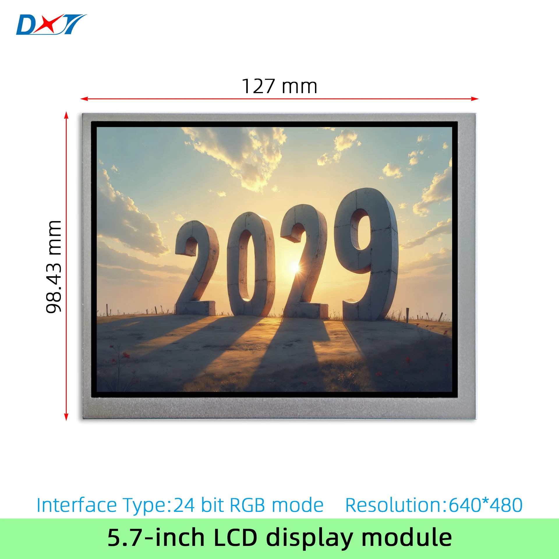 5.7-inch LCD display module, TFT LCD, 1000 lumens brightness, RGB interface, 640*480 resolution.