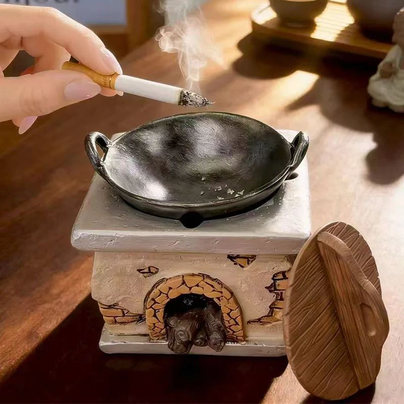 Retro Stove Ashtray with Cover Decoration Creative Personality Trendy Home Desktop Resin Old Stove Ashtray Ornament Gift