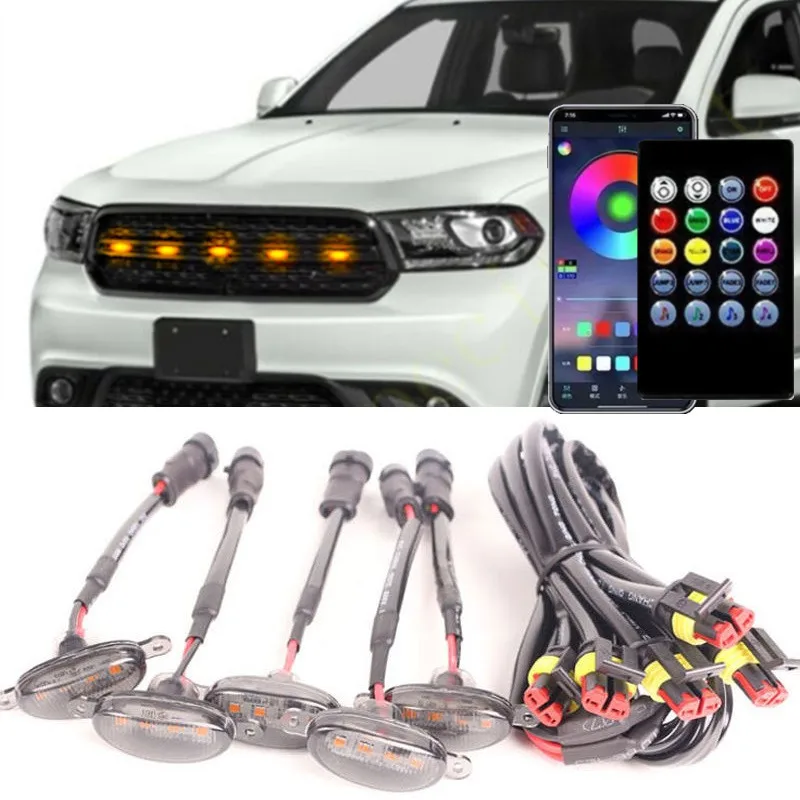 NEW 5PCS APP Remote Control For Dodge Durango 2011-2021 Front Grille RGB LED Light Raptor Grill Trim Cover car accessories