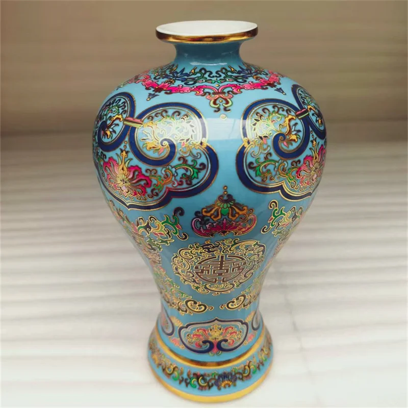 

Chinese Old Porcelain Vase Blue Enamel Longevity Patterned Plum Design Antique Decorative Ornament