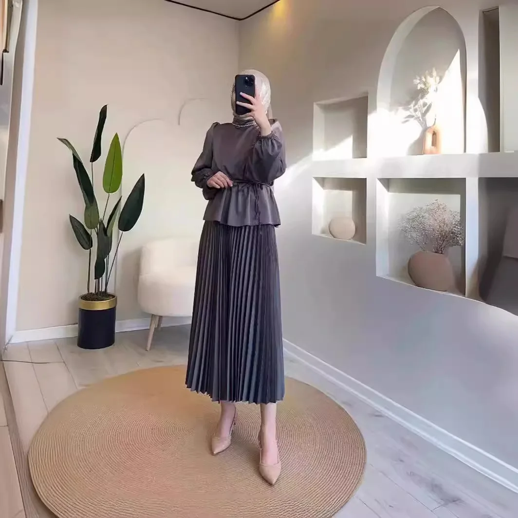 2-Piece Long Sleeve Shirt and Skirts Set for Women Elegant Abaya Dubai Turkey Islamic Casual Tops Monochromatic Skirt Fashion