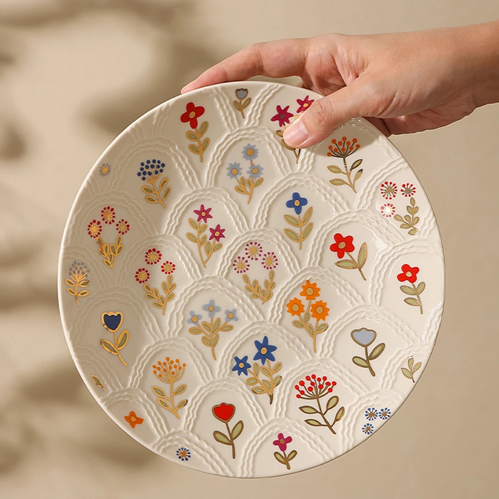 

Изысканная рельефная керамическая тарелка с красочным цветочным узором, круглая посуда, 8 дюймов, домашняя кухня, подглазурная посуда для салата и фруктов