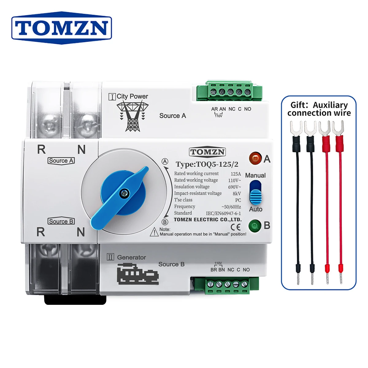 TOMZN Single Phase Din Rail ATS 220V Dual Power Automatic Transfer Electrical Selector Switches Uninterrupted 2P 63A 100A 125A