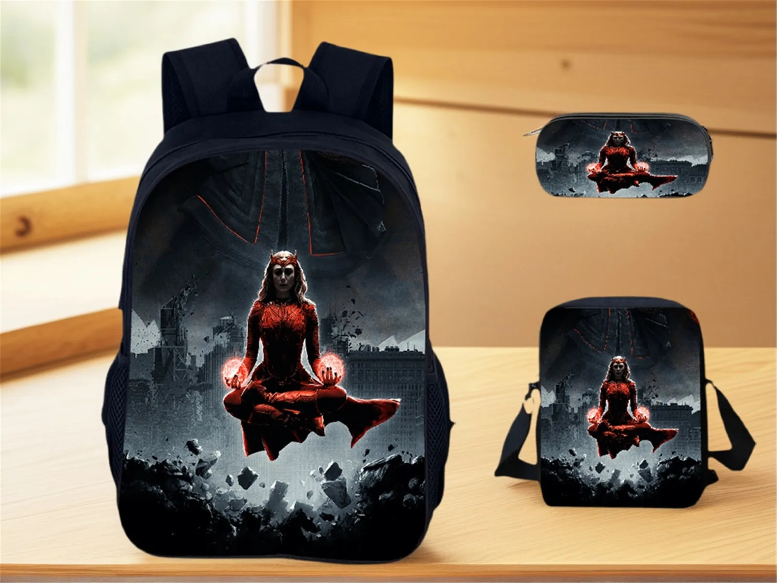 

Scarlet Witch 3 in 1 School Backpack Set Casual Cartoon Daypack,Miniso Lightweight Bookbag+Shoulder Bag+Pencil Case