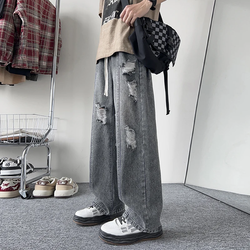 Summer Ripped Jeans Men Casual Loose Straight Tube Retro Men Draw Rope Port Fashion Brand Wash Pants