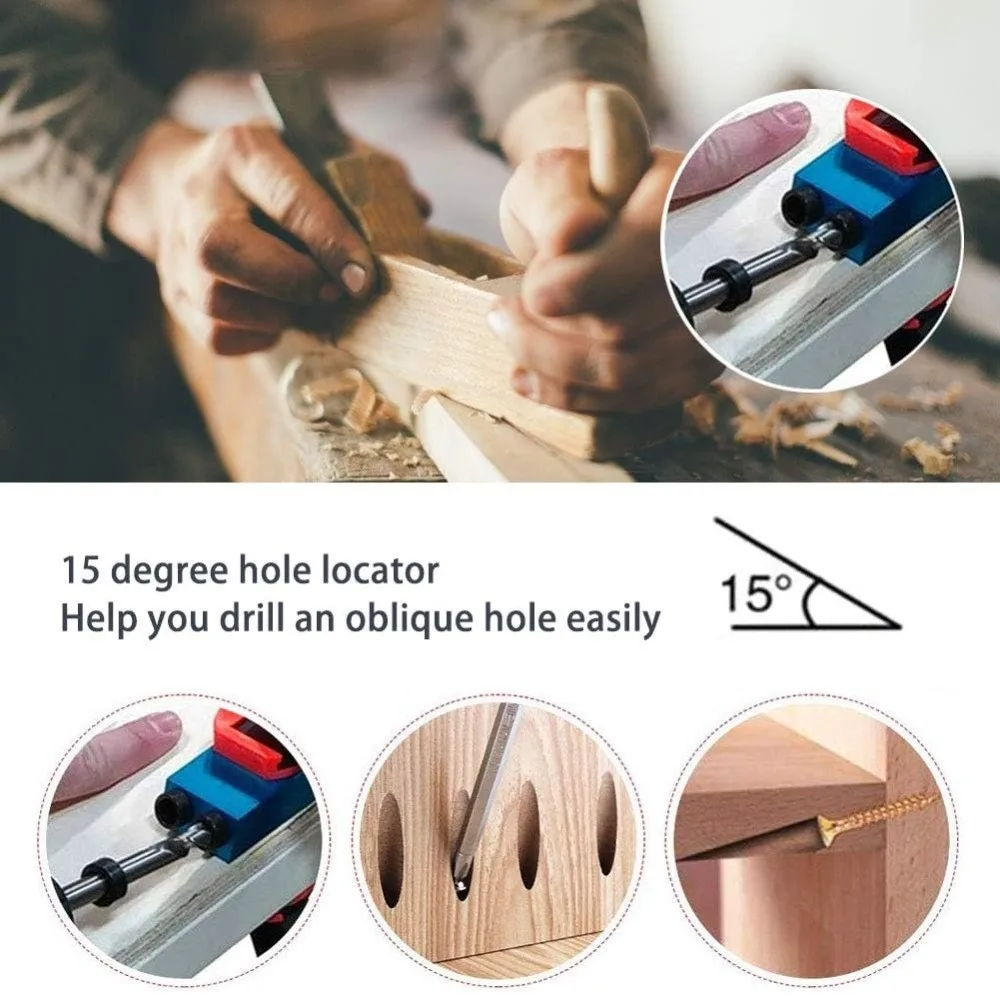 7pcs/set 15 Degree Inclined Pocket Hole Jig Wood Work Positioner 6/8/10mm Drive Adapter Woodworking Hole Jig Oblique Hole Design