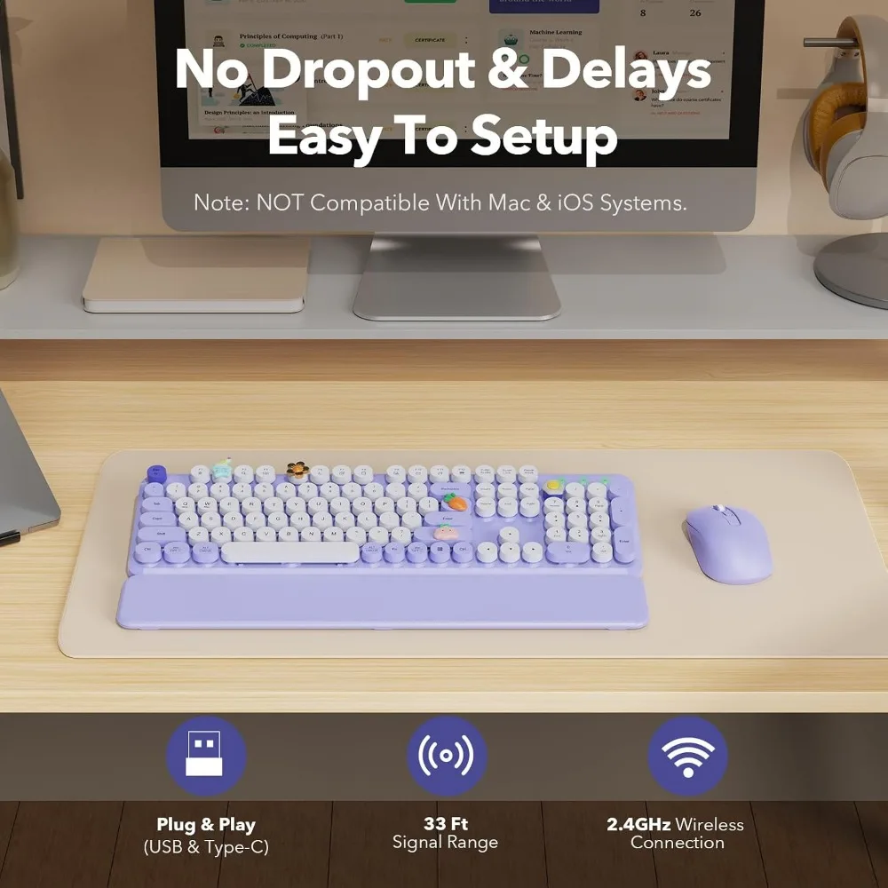 Full-Size Retro Keyboard and Mouse Set with Detachable Wrist Rest and Tilt Legs, 2.4GHz Cordless for Mac and Windows PCs