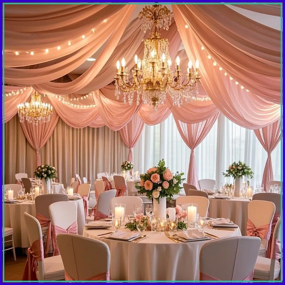 

Dusty Pink Chiffon Ceiling Drapes 5ftx30ft 2 Panels Sheer Curtain for Wedding Party Decor