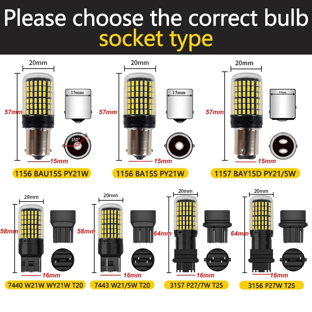 2Pcs 1156 BA15S P21W BAU15S PY21W T20 7440 W21W 3157 1157 P21/5W W21/5W LED Bulbs 144smd Led CanBus Lamp For Turn Signal Light