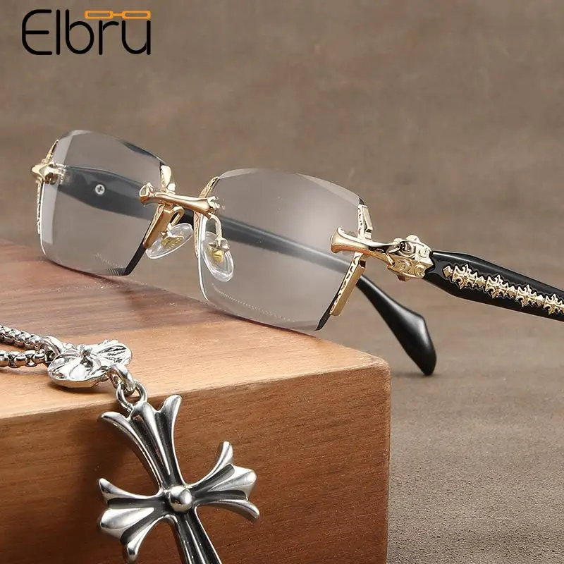 

Elbru Anti Blue Light Rimless Reading Glasses Women Men Luxury Diamond Cut Edge Presbyopic Eyeglasses Eyewear Diopters 0+100+400