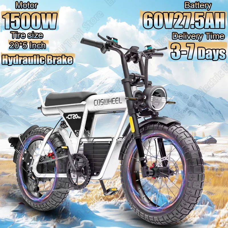 Electric Bicycle 1500W Powerful Motor 60V27.5AH Lithium Battery Electric Bike Hydraulic Brake 20*5.0 Inch Fat Tire Adult E-bike