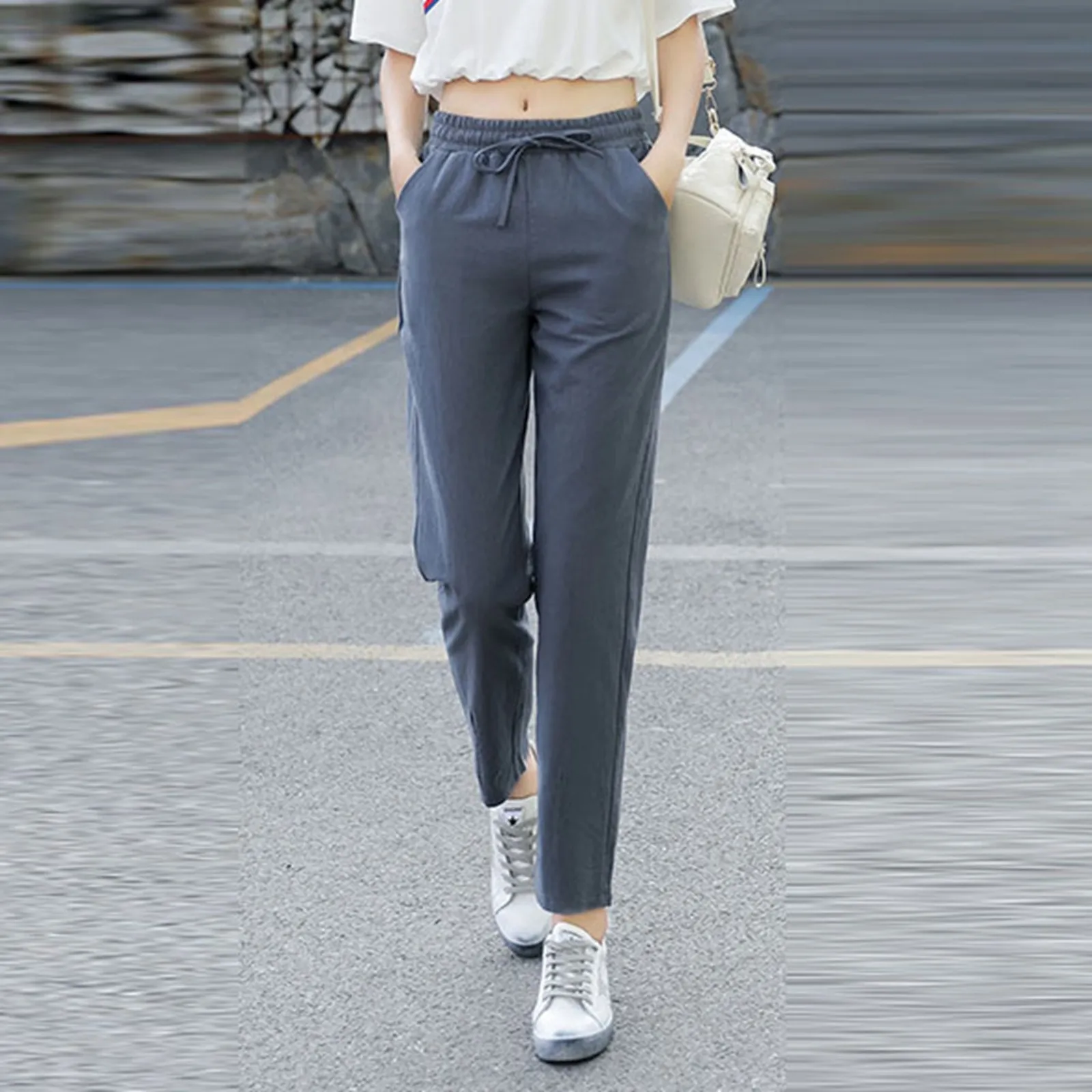 2024 Womens Spring Summer Pants Cotton Linen Solid Elastic waist Candy Colors Harem Trousers Casual Female Pants