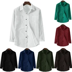 Spring and autumn men's corduroy long-sleeved double pocket shirt, solid color casual men's tops, button-down lapel jacket