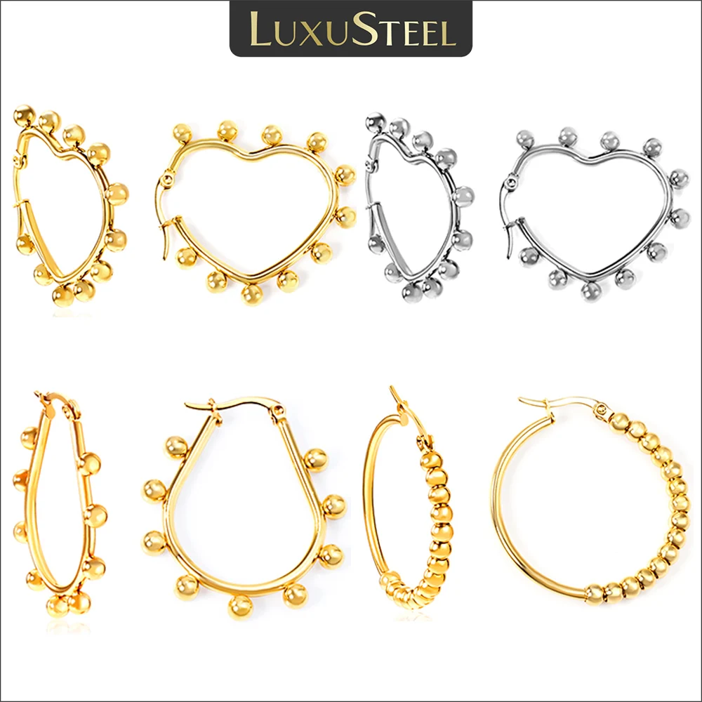 

LUXUSTEEL Statement Stainless Steel Ball Beads Hoop Earrrings for Women Girls Heart Oval Round Shape Metal Texture Ear Jewelry