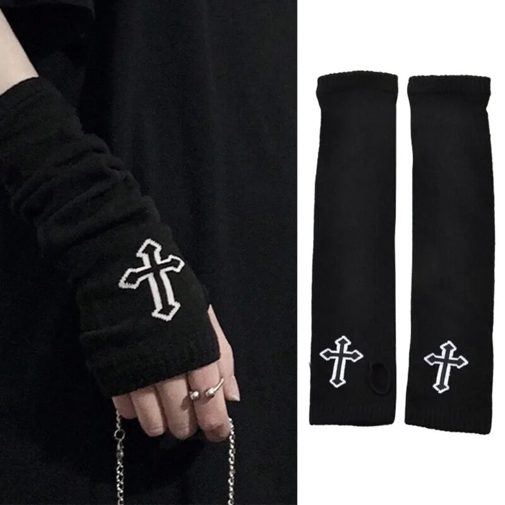 

Streetwear Women Wrist Arm Warmer Knitted Long Fingerless Gloves Black Mitten Halloween Cross Gloves