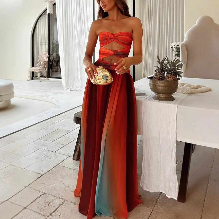 Vestido maxi feminino com corte de malha sem alças torcido frontal gradiente vestidos longos elegantes e fluidos vestido de praia pôr do sol
