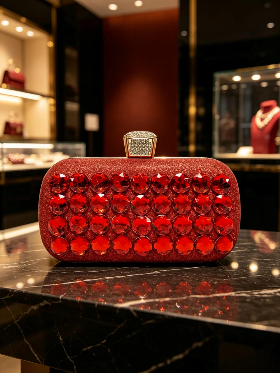 Wine Red Glitter Base Big Round Red Rhinestone Rectangle Lock Clutch Luxury Festive Evening Bag Middle Aged Women Wedding Purse