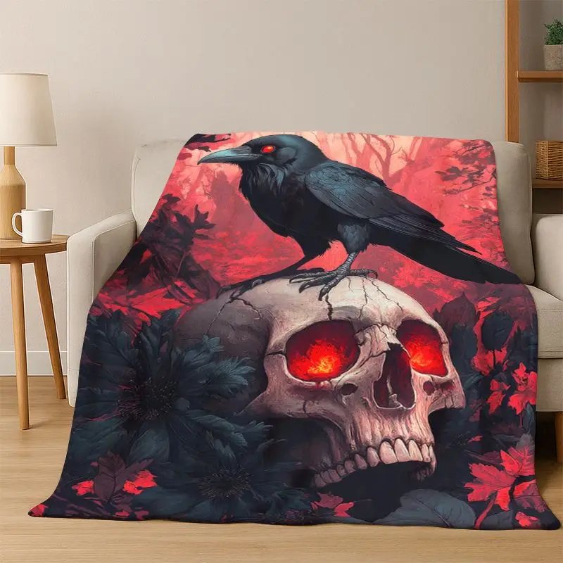 Gothic Raven Crow Skull Cartoon Flannel Blanket Soft Warm Blanket Throw Blanket for Bedroom Living Room Bed Travel Camping Gift
