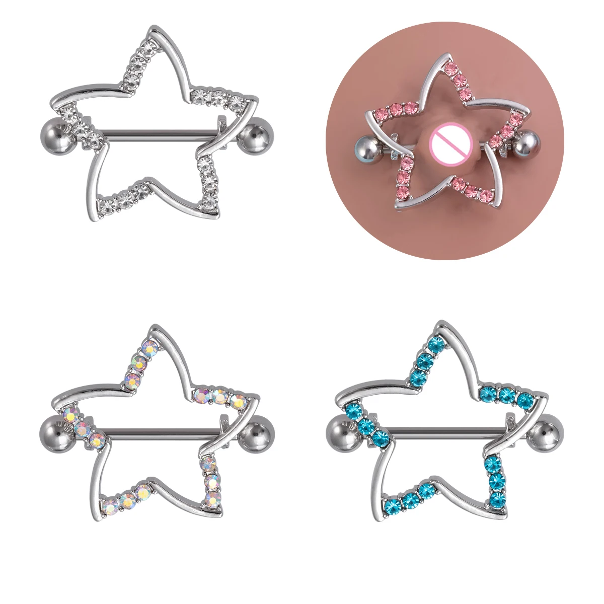 2pcs Nipple Ring Barbell Rhinestone Paved Star Shape Nipplerings Piercing Stainless Steel 14G Nipple Rings Shields Body Piercing