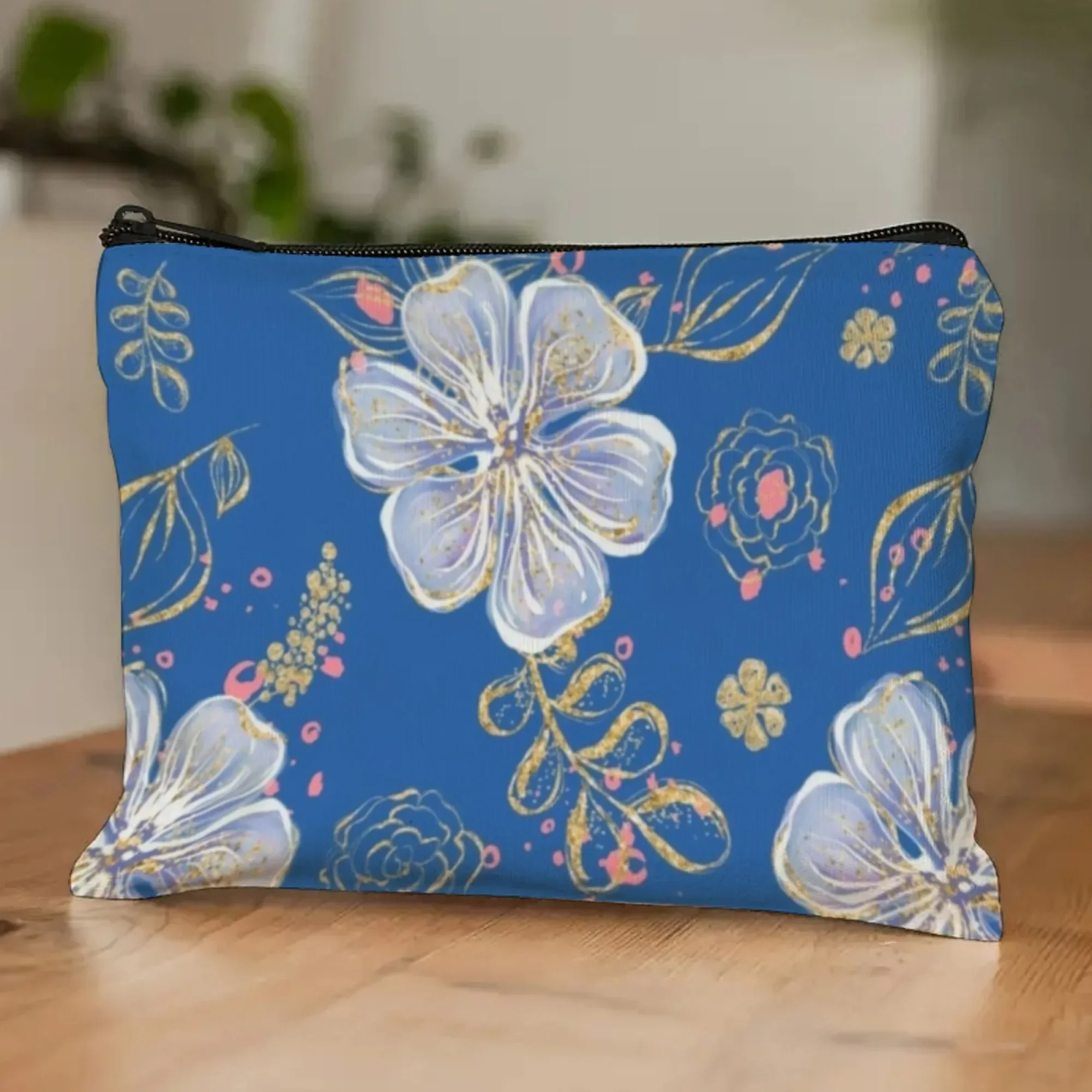

Dark Blue Canvas Makeup Bag with Gold - Accented Floral Pattern Print, Elegant Cosmetic Organizer for Women Travel & Daily Use