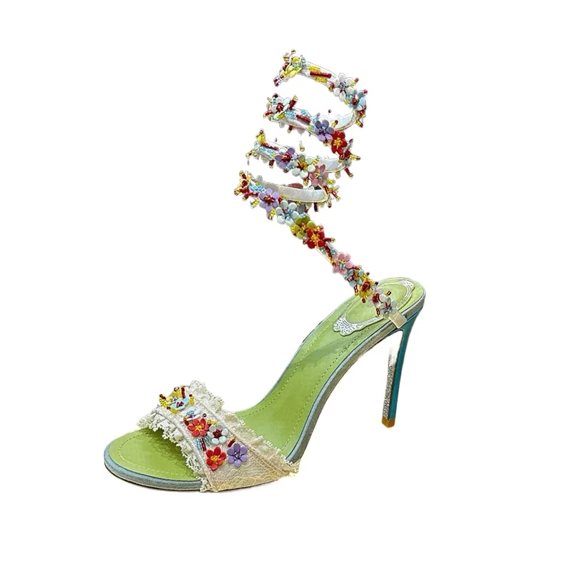 Sandalias Snake Shaped Entanglement Elastic Strap Thin High Heels Sandals Summer Women Rhinestone Flower Decor Dress Shoes