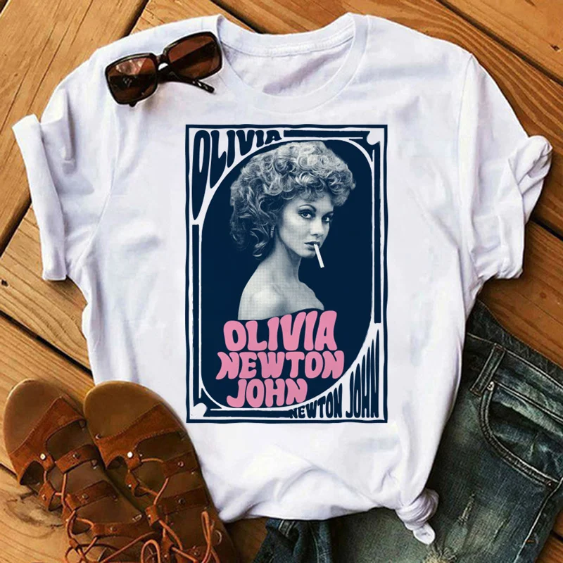 Camiseta de verano de olivia newton john, ropa de calle estética gráfica para hombre, camiseta con estampado de manga, ropa de calle, camiseta blanca