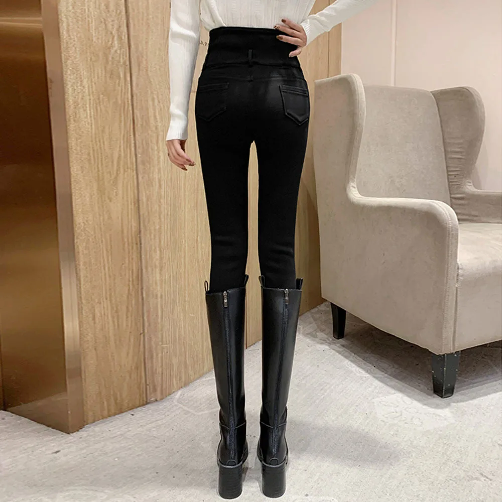 Leggings elásticos de cintura alta para mujer, pantalones pitillo finos con botones de Metal, color negro, otoño y primavera, 2022