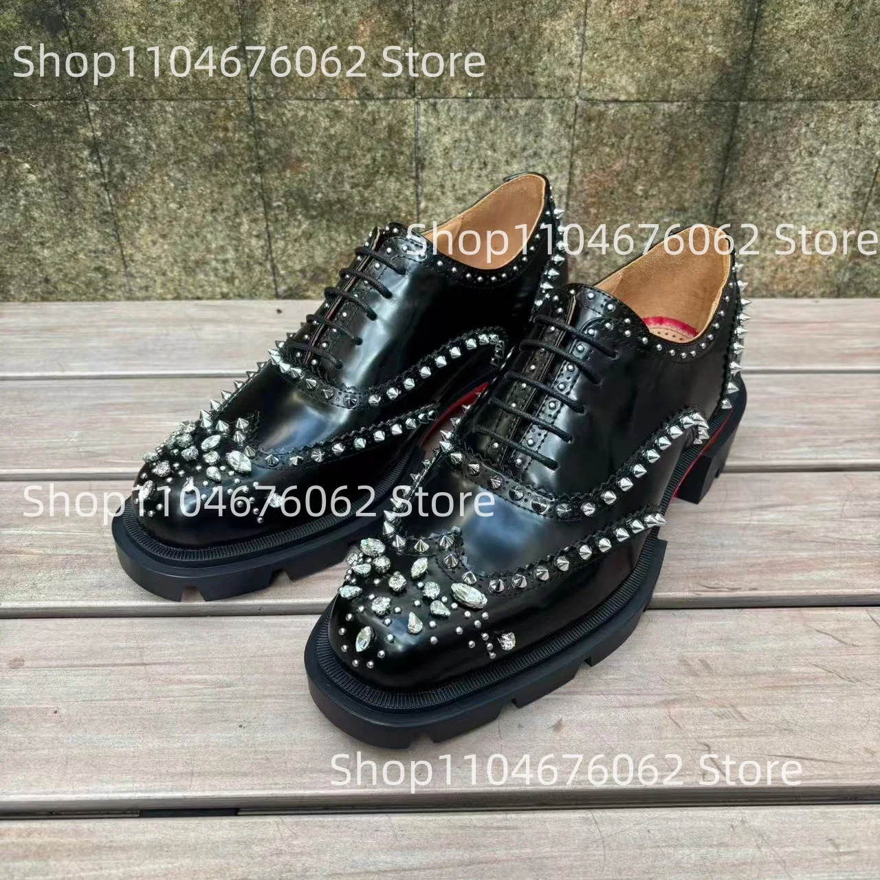 

Men's Black Leather Brogue Oxfords Studs Rhinestones Design Chunky Platform Heel Shoes Vintage Charm Rock Men Punk Street Shoes