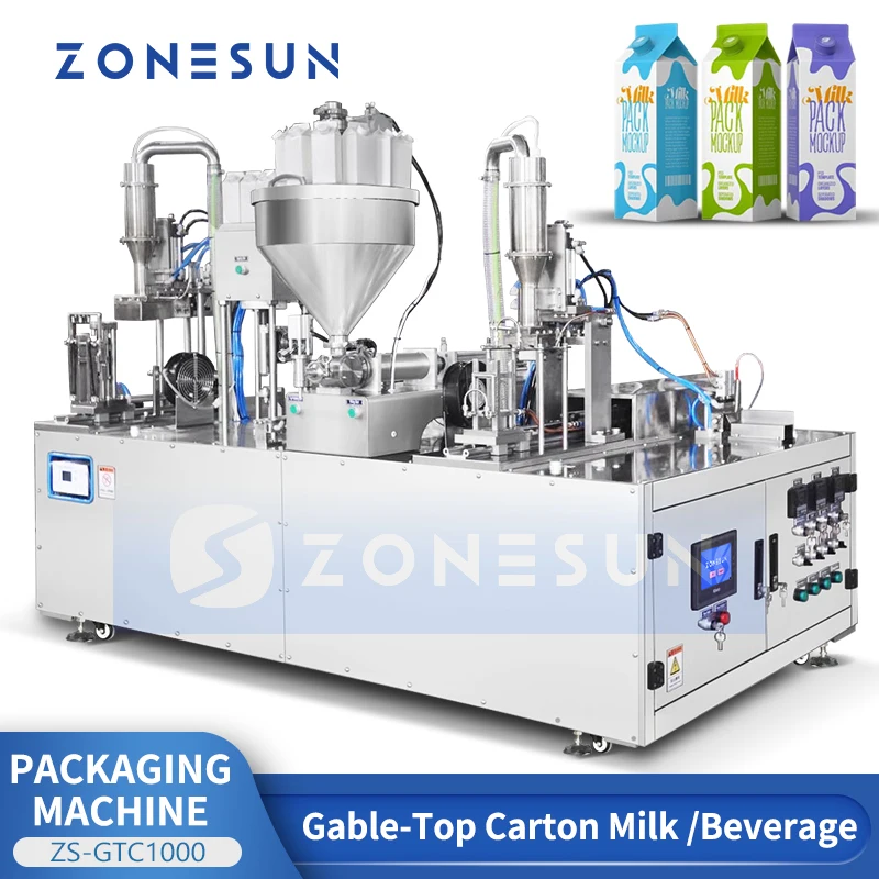 ZONESUN กึ่งอัตโนมัติ Gable Top เครื่องบรรจุภัณฑ์น้ําผลไม้นมโยเกิร์ต Liquid Paste กล่องซีล Capping อุปกรณ์ ZS-GTC1000