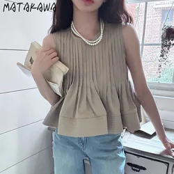 Matakawa Ruffles Pleated T Shirt for Women Sleeveless Solid Spring Summer Sweet Ropa De Mujer Korean Fashion Loose Tank Tops