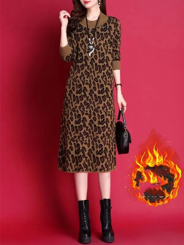 Leopard Print Women's Autumn and Winter O-Neck Bottom Long Sleeved 2023 New Printing Pocket Medium Length Plush and Thick Dress