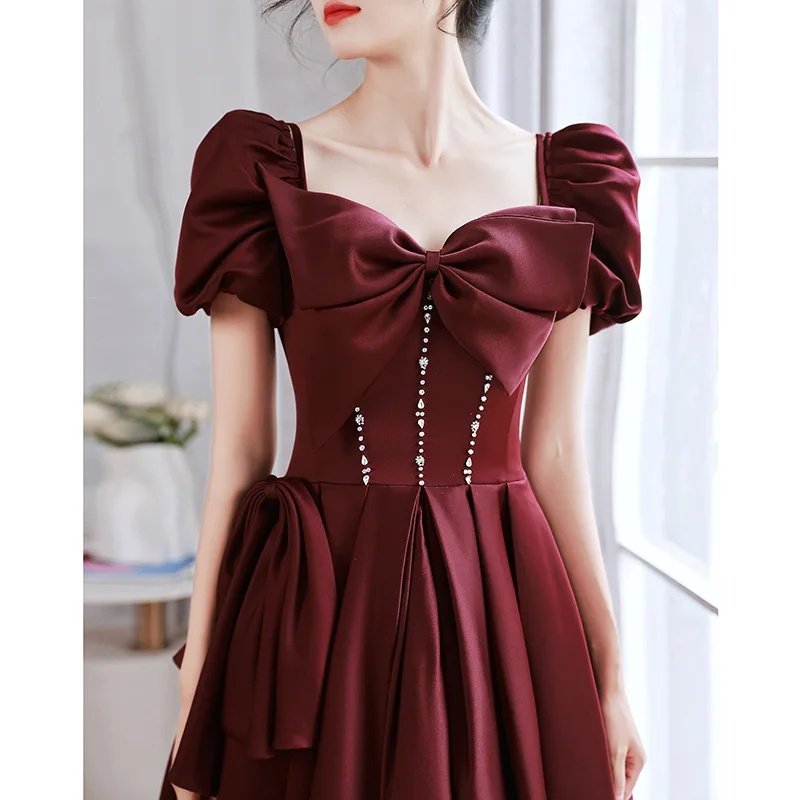 2025 New Women's Wine Red One Shoulder Butterfly Knot Decorative Dress Fashionable Slimming Back Strap Long Elegant Dress