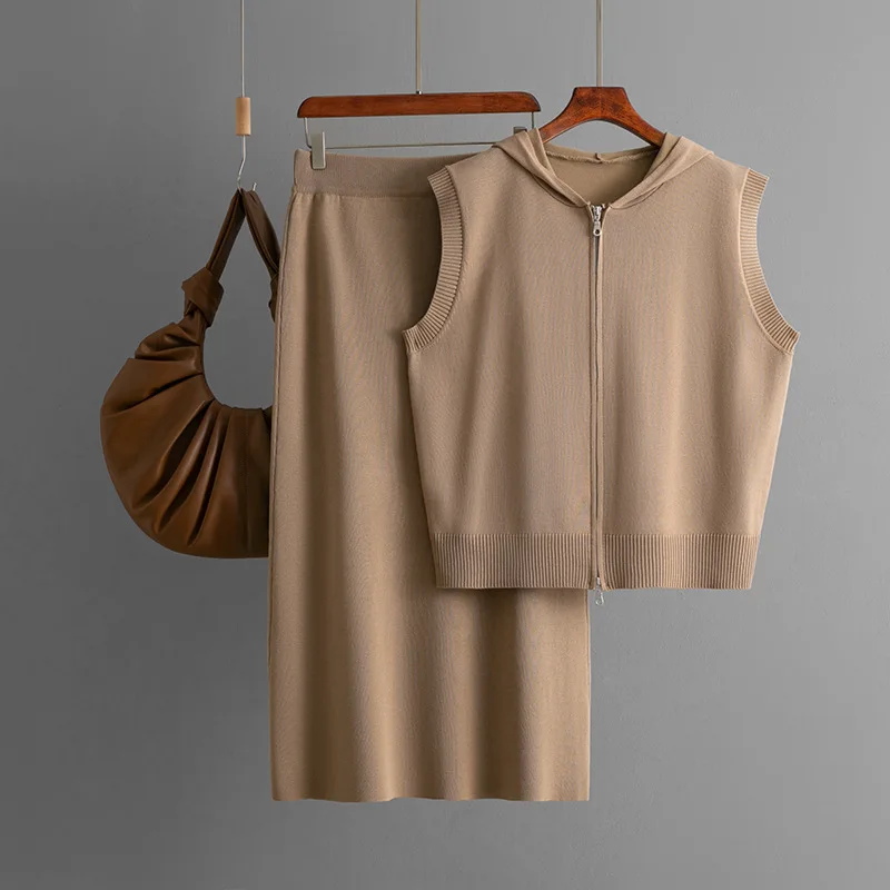 Women's Outftis Summer Knitted Skirts 2 Pieces Set Basic Hooded Sweater Cardigan Sleeveless Zipper Elastic Waist Midi Skirt Sets