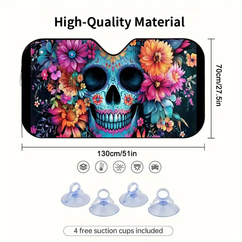 1pc 2D Flat Colorful Skeletons And Flowers Print Car Sunshade – Stylish And Efficient, Keeps Your Vehicle Cool, Includes 4 Sucti