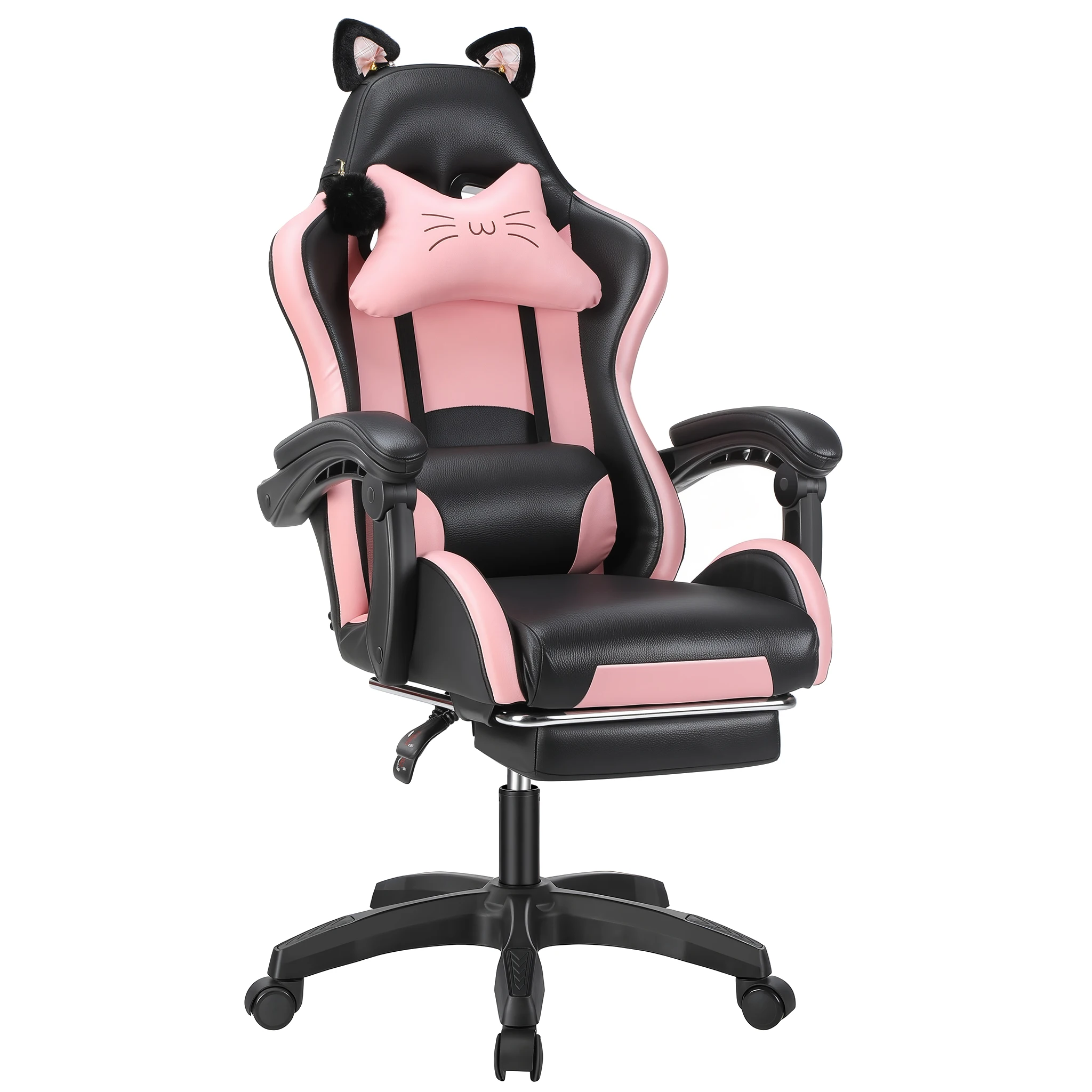 Gamingstoel met kattenoren, computerfauteuil met voetsteun en lendensteun, in hoogte verstelbare gamestoel, 360° ° -Draaistoel