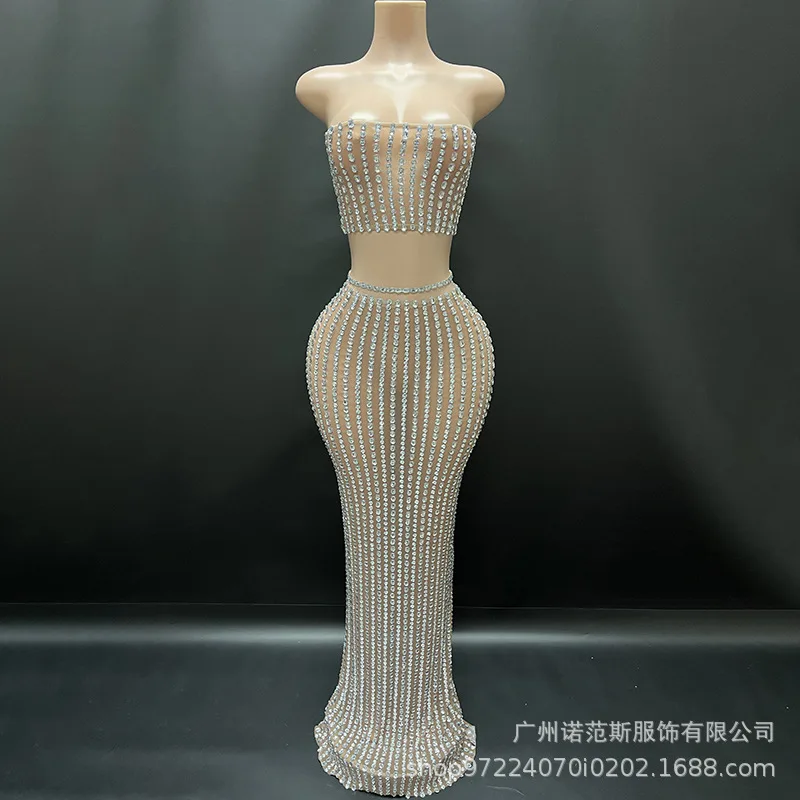 Autumn New Sexy Tube Top Temperament Evening Wear Company Annual Meeting Model Catwalk Seaside Vacation Fashion Two-piece Set